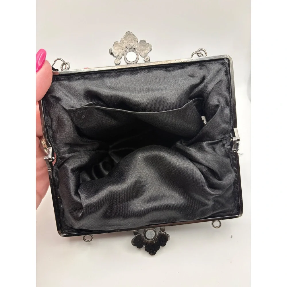 Vtg Black Beaded Evening Bag Rhinestone Frame Kiss Lock Clutch Gunmetal‎ Chain